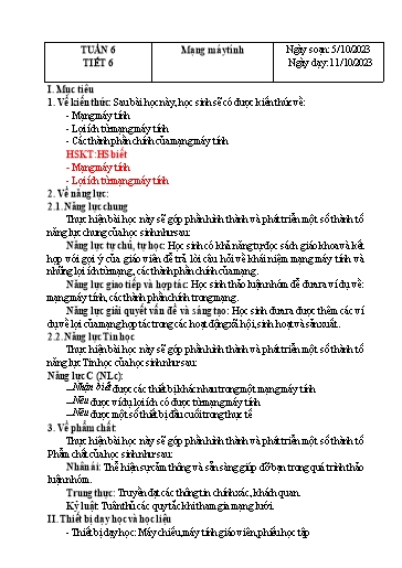 Kế hoạch bài dạy Tin học Lớp 6 Sách Kết nối tri thức - Tuần 6 - Tiết 6: Mạng máy tính - Năm học 2023-2024 - Hoàng Thị Thêm