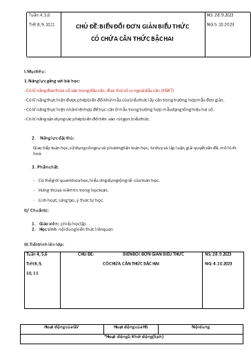 Kế hoạch bài dạy Toán Lớp 9 - Tuần 5 - Năm học 2023-2024 - Huỳnh Đinh Việt Hà