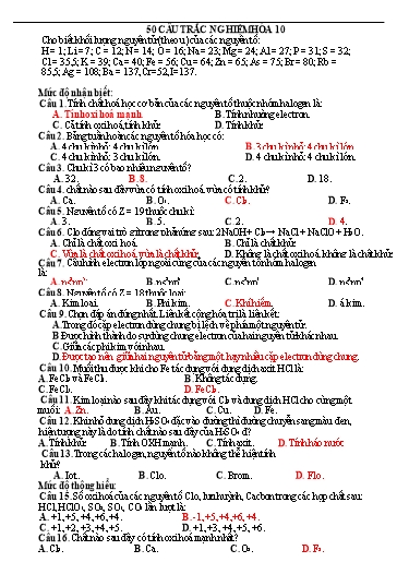 50 Câu hỏi trắc nghiệm môn Hóa Học 10 (Có đáp án)