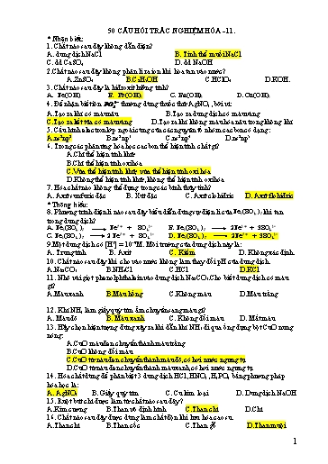 50 Câu hỏi trắc nghiệm môn Hóa Học 11