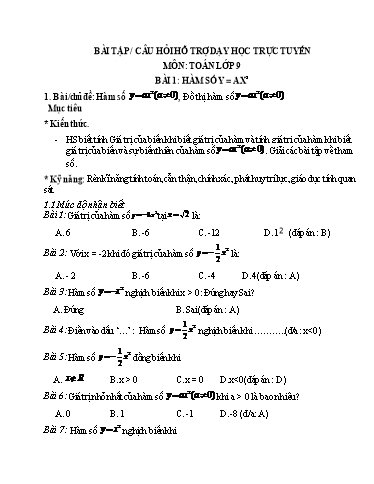 Bài tập + Câu hỏi hỗ trợ dạy học trực tuyến môn Toán 9 - Bài 1: Hàm số y = ax^2