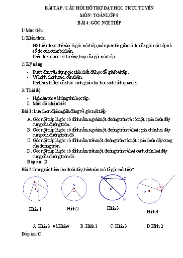 Bài tập + Câu hỏi hỗ trợ dạy học trực tuyến môn Toán 9 - Bài 4: Góc nội tiếp
