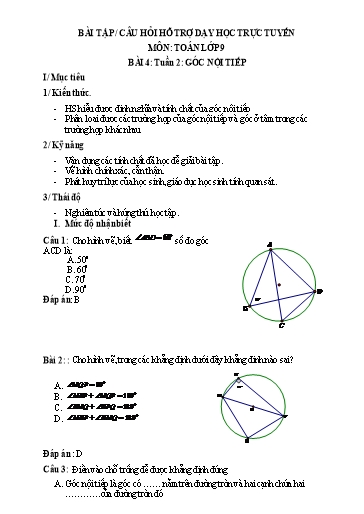 Bài tập + Câu hỏi hỗ trợ dạy học trực tuyến môn Toán 9 - Tuần 2, Bài 4: Góc nội tiếp