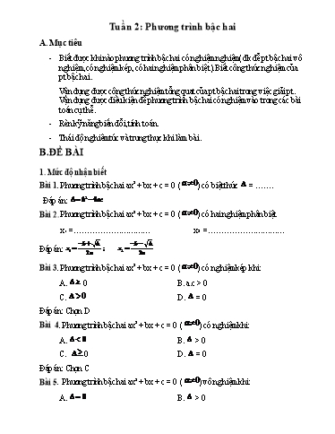 Bài tập + Câu hỏi hỗ trợ dạy học trực tuyến môn Toán 9 - Tuần 2: Phương trình bậc hai
