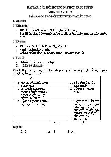 Bài tập + Câu hỏi hỗ trợ dạy học trực tuyến môn Toán 9 - Tuần 3: Góc tạo bởi tiếp tuyến và dây cung