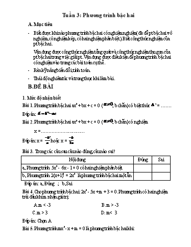 Bài tập + Câu hỏi hỗ trợ dạy học trực tuyến môn Toán 9 - Tuần 3: Phương trình bậc hai
