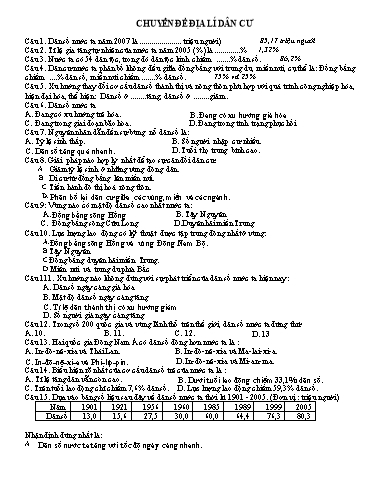 Câu hỏi Chuyên đề môn Địa Lí 12 - Chuyên đề: Địa lí dân cư