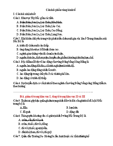 Câu hỏi Chuyên đề môn Địa Lí 12 - Chuyên đề: Vùng kinh tế
