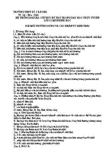 Câu hỏi hỗ trợ trong dạy học trực tuyến môn Sinh Học 12 - Bài: Môi trường sống và các nhân tố sinh thái