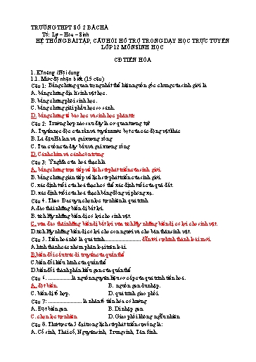 Câu hỏi hỗ trợ trong dạy học trực tuyến môn Sinh Học 12 - Chuyên đề: Tiến hóa (Có đáp án)