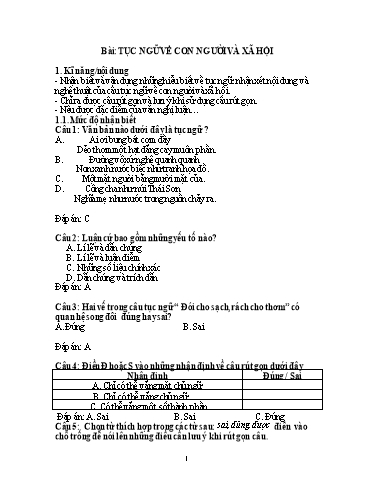 Câu hỏi ôn tập môn Ngữ Văn 7 - Bài: Tục ngữ về con người và xã hội