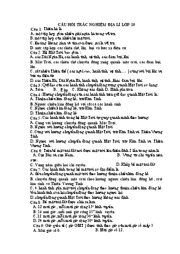 Câu hỏi trắc nghiệm khách quan môn Địa lí 10