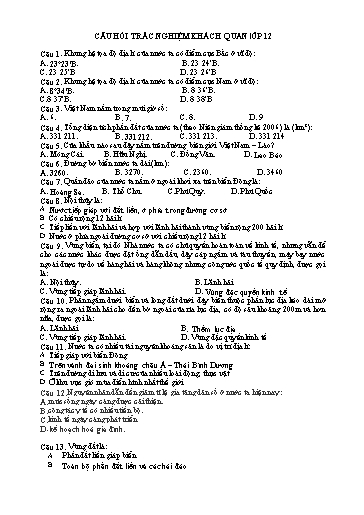 Câu hỏi trắc nghiệm khách quan môn Địa lí 12