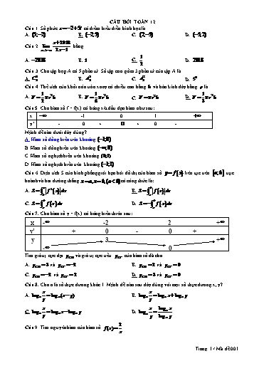 Câu hỏi trắc nghiệm môn Toán 12 (Có đáp án)