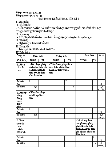 Đề Kiểm tra giữa kì I Toán 8 - Tiết 19+20: Kiểm tra giữa kì I (Ma trận + Đáp án biểu điểm)