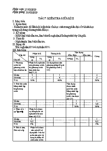 Đề Kiểm tra giữa kì II Toán 9 - Tiết 27: Kiểm tra giữa kì II (Ma trận + Đáp án biểu điểm)
