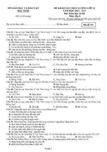 Đề KSCL môn Địa lí 12 - Sở GD&ĐT Bắc Ninh - Năm học 2022-2023 (Có đáp án)