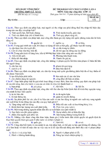 Đề KSCL môn GDCD 12 (Lần 4) - Trường THPT Lê Xoay - Sở GD&ĐT Vĩnh Phúc