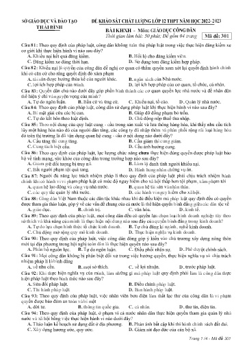 Đề KSCL môn GDCD 12 - Sở GD&ĐT Thái Bình - Năm học 2022-2023 (Có đáp án)