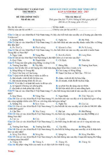 Đề KSCL THPT môn Địa lí 12 (Lần 1) - Sở GD&ĐT Thanh Hóa - Năm học 2022-2023 (Có đáp án)