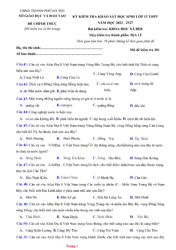 Đề KSCL THPT môn Địa lí 12 - Sở GD&ĐT UBND TP Hà Nội - Năm học 2022-2023 (Có đáp án)