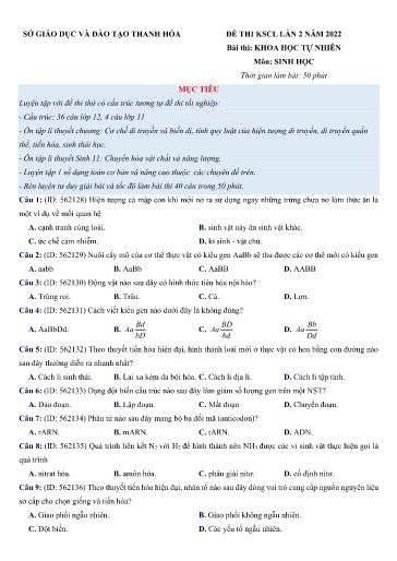 Đề KSCL THPT môn Sinh Học 12 (Lần 2) - Sở GD&ĐT Thanh Hóa - Năm học 2021-2022 (Có đáp án)