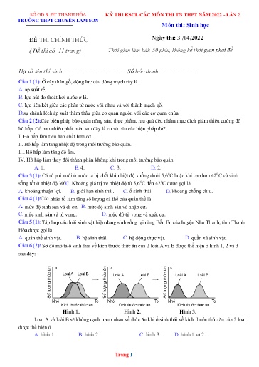 Đề KSCL THPT môn Sinh Học 12 (Lần 2) - Sở GD&ĐT Thanh Hóa - Trường THPT Chuyên Lam Sơn - Năm học 2021-2022 (Có đáp án)