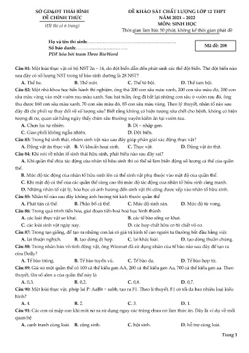 Đề KSCL THPT môn Sinh Học 12 - Sở GD&ĐT Thái Bình - Năm học 2021-2022 (Có đáp án)