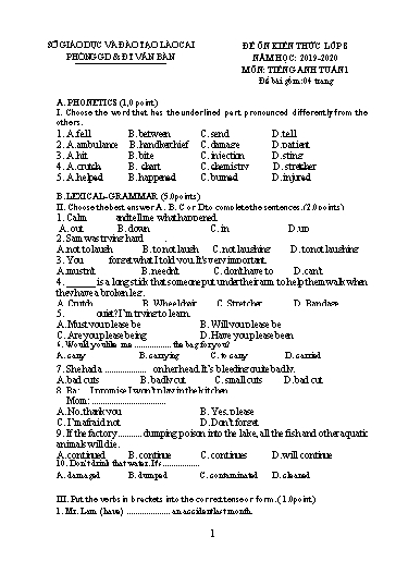 Đề ôn kiến thức môn Tiếng Anh 8 - Tuần 1, Năm học 2019-2020