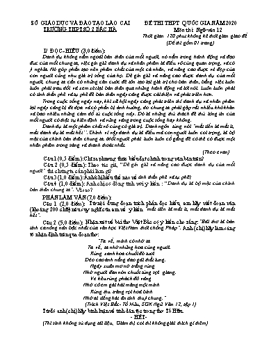 Đề ôn luyện thi THPT quốc gia môn Ngữ Văn 12 (Lần 3) - Sở GD&ĐT Lào Cai - Trường THPT số 2 Bắc Hà (Đề 2 - Kèm hướng dẫn chấm)