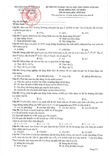 Đề tham khảo thi TN THPT môn Sinh Học 12 - Bộ GD&ĐT - Năm học 2022-2023 (Có đáp án)