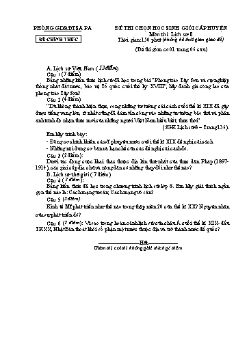 Đề thi chọn HSG cấp Huyện môn Lịch Sử 8 - Phòng GD&ĐT Sa Pa - Năm học 2012-2013 (Đề 2 - Có đáp án)