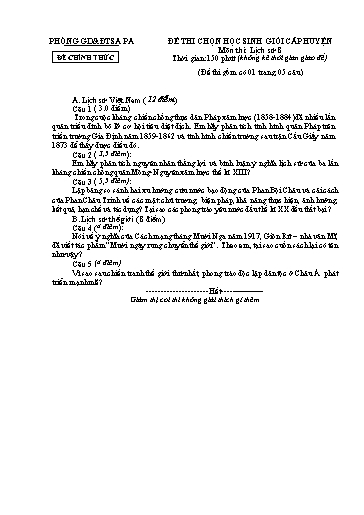 Đề thi chọn HSG cấp Huyện môn Lịch Sử 8 - Phòng GD&ĐT Sa Pa - Năm học 2012-2013 (Đề 1 - Có đáp án)