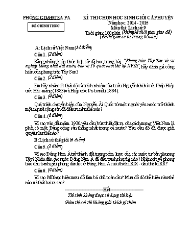 Đề thi chọn HSG cấp Huyện môn Lịch Sử 9 - Phòng GD&ĐT Sa Pa - Năm học 2014-2015 (Kèm hướng dẫn chấm)