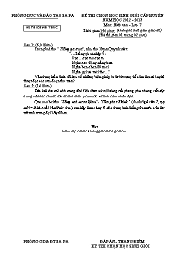 Đề thi chọn HSG cấp Huyện môn Ngữ Văn 7 - Phòng GD&ĐT Sa Pa - Năm học 2012-2013 (Đề 2 - Có đáp án)