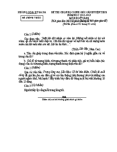 Đề thi chọn HSG cấp Huyện môn Ngữ Văn 8 - Phòng GD&ĐT Sa Pa - Năm học 2012-2013 (Đề 2 - Có đáp án)