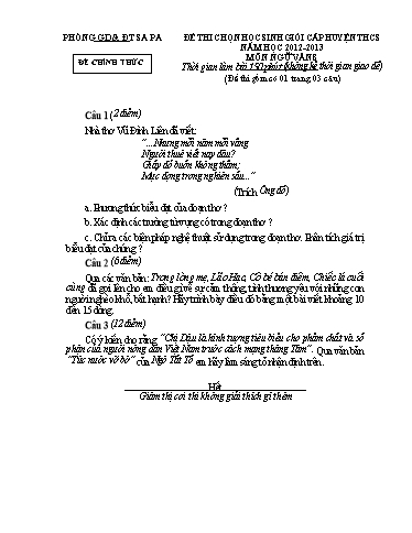Đề thi chọn HSG cấp Huyện môn Ngữ Văn 8 - Phòng GD&ĐT Sa Pa - Năm học 2012-2013 (Đề 1 - Có đáp án)