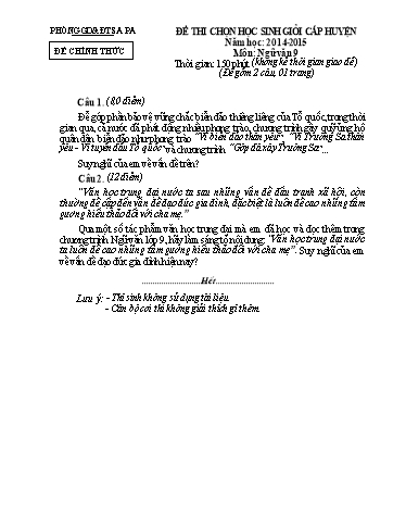 Đề thi chọn HSG cấp Huyện môn Ngữ Văn 9 - Phòng GD&ĐT Sa Pa - Năm học 2014-2015 (Kèm hướng dẫn chấm)