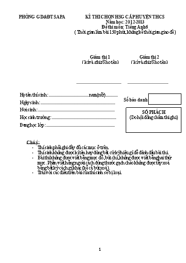 Đề thi chọn HSG cấp Huyện môn Tiếng Anh 6 - Phòng GD&ĐT Sa Pa - Năm học 2012-2013 (Có đáp án)