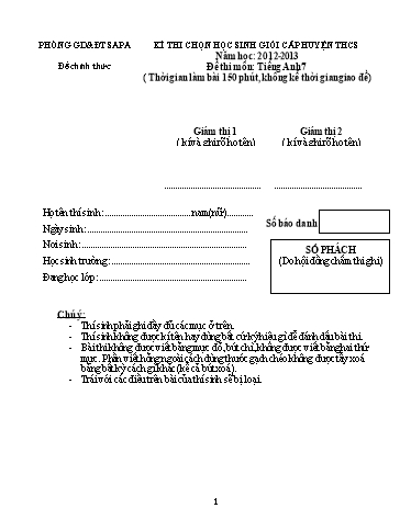 Đề thi chọn HSG cấp Huyện môn Tiếng Anh 7 - Phòng GD&ĐT Sa Pa - Năm học 2012-2013 (Có đáp án)