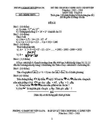 Đề thi chọn HSG cấp Huyện môn Toán 6 - Phòng GD&ĐT Huyện Sa Pa - Năm học 2012-2013 (Có đáp án)