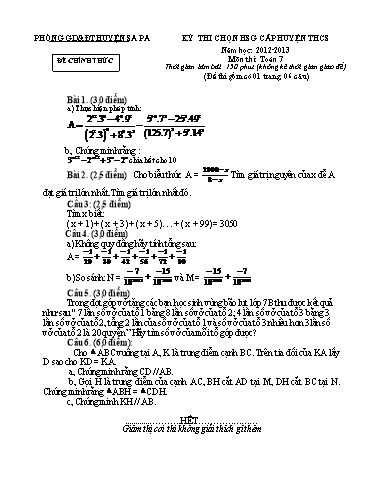 Đề thi chọn HSG cấp Huyện môn Toán 7 - Phòng GD&ĐT Huyện Sa Pa - Năm học 2012-2013 (Đề 2 - Có đáp án)