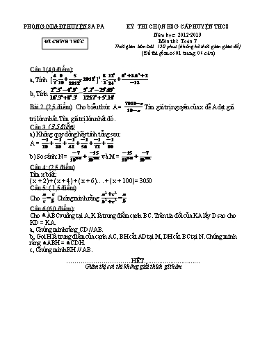 Đề thi chọn HSG cấp Huyện môn Toán 7 - Phòng GD&ĐT Huyện Sa Pa - Năm học 2012-2013 (Đề 1 - Có đáp án)