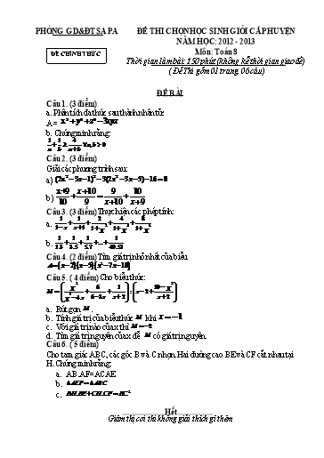 Đề thi chọn HSG cấp Huyện môn Toán 8 - Phòng GD&ĐT Sa Pa - Năm học 2012-2013 (Đề 1 - Có đáp án)