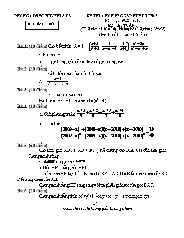 Đề thi chọn HSG cấp Huyện môn Toán 8 - Phòng GD&ĐT Sa Pa - Năm học 2012-2013 (Đề 2 - Có đáp án)