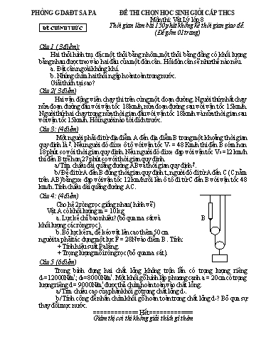 Đề thi chọn HSG cấp Huyện môn Vật Lí 8 - Phòng GD&ĐT Sa Pa - Năm học 2012-2013 (Đề 2 - Có đáp án)