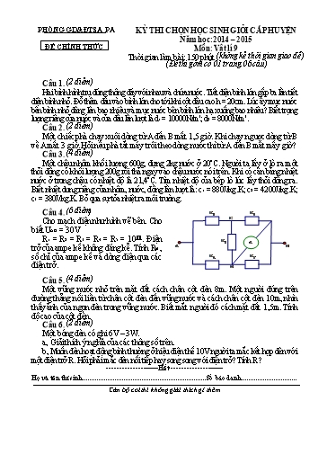 Đề thi chọn HSG cấp Huyện môn Vật Lí 9 - Phòng GD&ĐT Sa Pa - Năm học 2014-2015 (Kèm hướng dẫn chấm)
