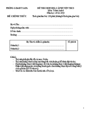 Đề thi chọn HSG cấp Huyện THCS môn Tiếng Anh 6 - Phòng GD&ĐT Sa Pa - Năm học 2012-2013 (Có đáp án)