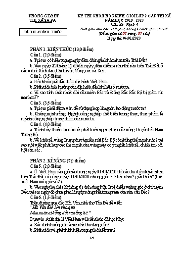 Đề thi chọn HSG cấp Thị xã môn Địa Lí 9 - Phòng GD&ĐT Thị xã Sa Pa - Năm học 2019-2020 (Đề chính thức - Kèm hướng dẫn chấm)