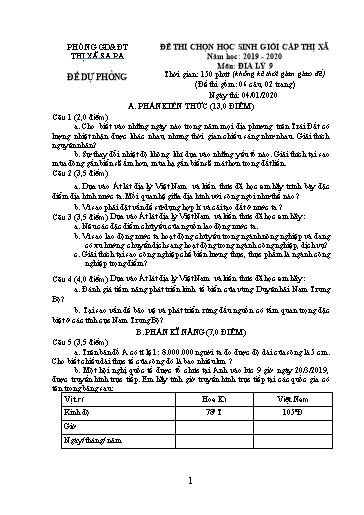 Đề thi chọn HSG cấp Thị xã môn Địa Lí 9 - Phòng GD&ĐT Thị xã Sa Pa - Năm học 2019-2020 (Đề dự phòng - Kèm hướng dẫn chấm)